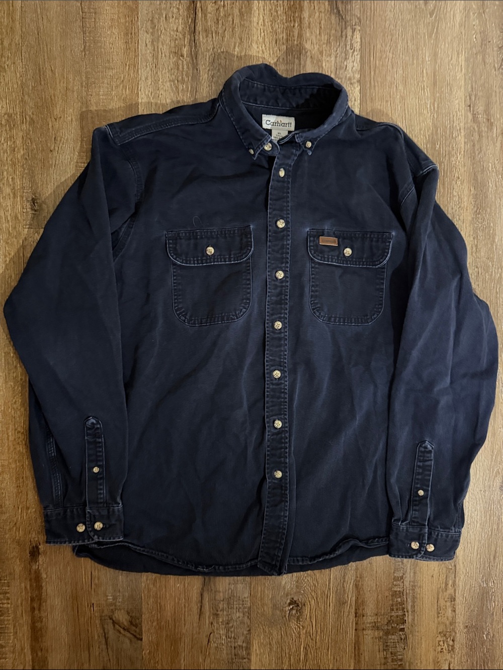 Vintage Carhartt Men's Dark Navy Button-Down size XL tall